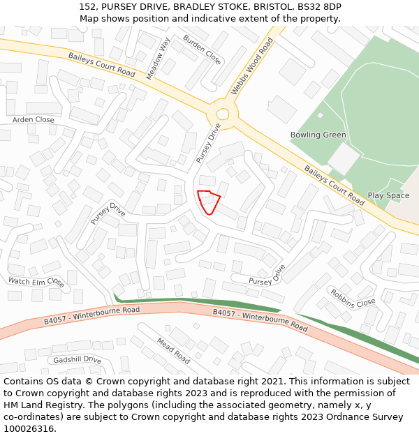 152, PURSEY DRIVE, BRADLEY STOKE, BRISTOL, BS32 8DP: Location map and indicative extent of plot