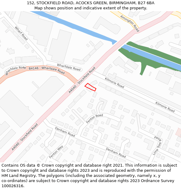 152, STOCKFIELD ROAD, ACOCKS GREEN, BIRMINGHAM, B27 6BA: Location map and indicative extent of plot