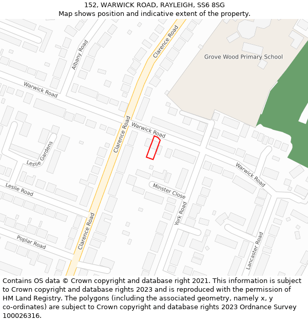 152, WARWICK ROAD, RAYLEIGH, SS6 8SG: Location map and indicative extent of plot