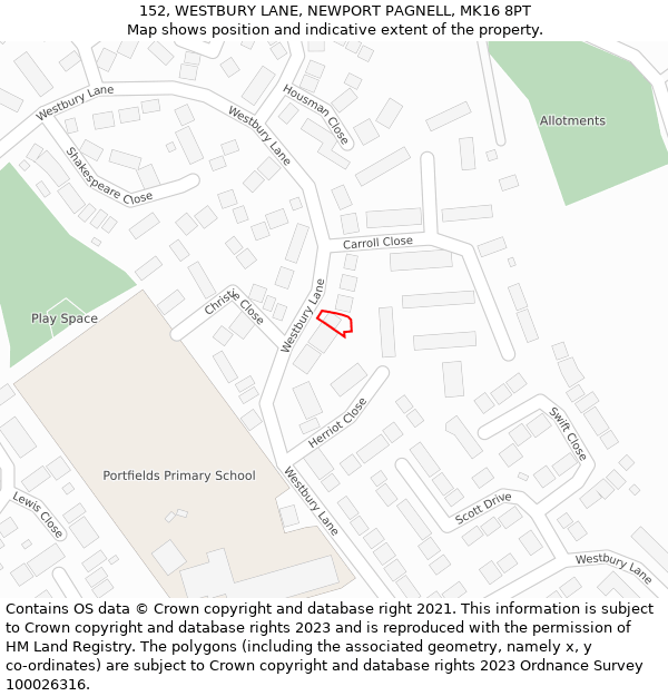 152, WESTBURY LANE, NEWPORT PAGNELL, MK16 8PT: Location map and indicative extent of plot