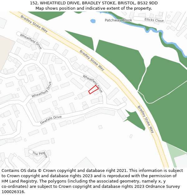 152, WHEATFIELD DRIVE, BRADLEY STOKE, BRISTOL, BS32 9DD: Location map and indicative extent of plot
