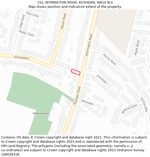 152, WYMINGTON ROAD, RUSHDEN, NN10 9LA: Location map and indicative extent of plot