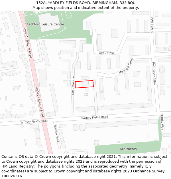 152A, YARDLEY FIELDS ROAD, BIRMINGHAM, B33 8QU: Location map and indicative extent of plot