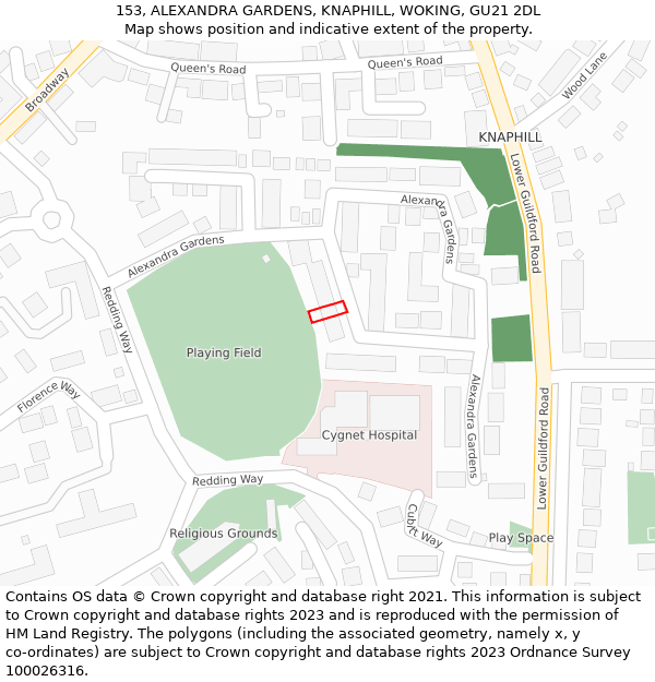 153, ALEXANDRA GARDENS, KNAPHILL, WOKING, GU21 2DL: Location map and indicative extent of plot