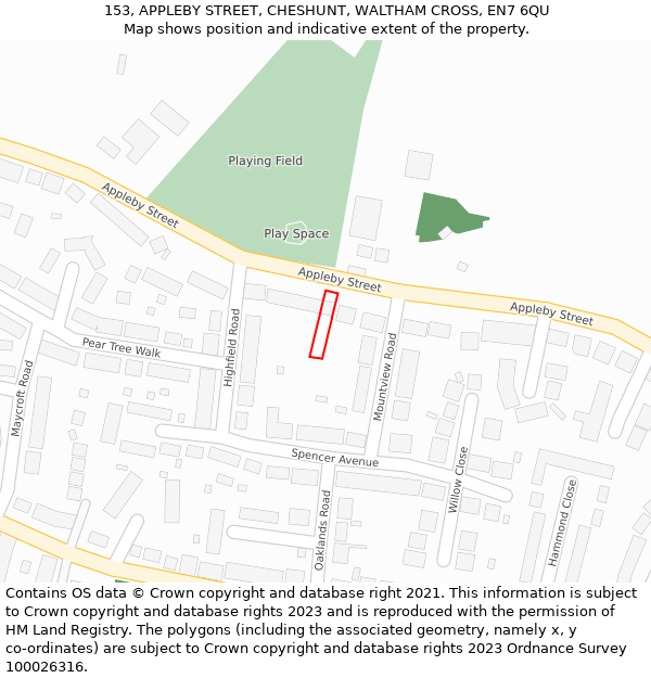 153, APPLEBY STREET, CHESHUNT, WALTHAM CROSS, EN7 6QU: Location map and indicative extent of plot