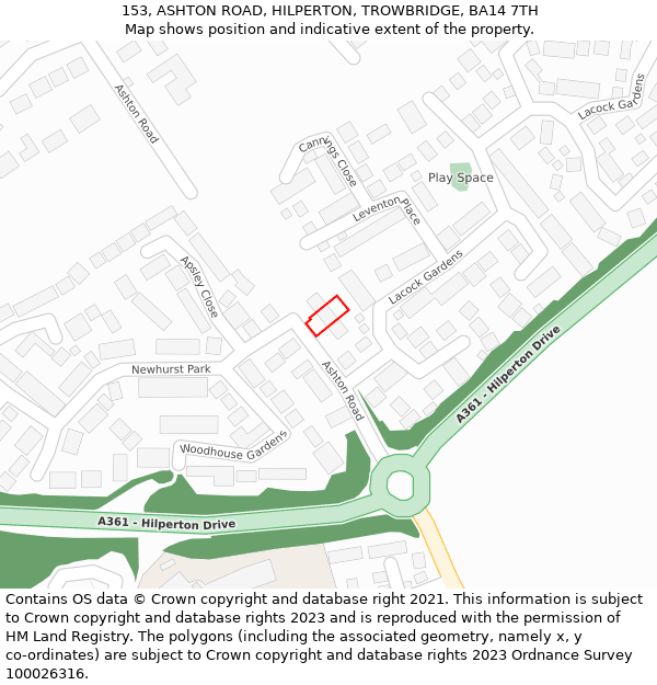 153, ASHTON ROAD, HILPERTON, TROWBRIDGE, BA14 7TH: Location map and indicative extent of plot