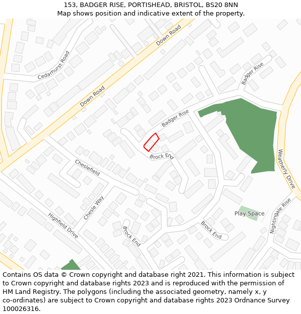 153, BADGER RISE, PORTISHEAD, BRISTOL, BS20 8NN: Location map and indicative extent of plot
