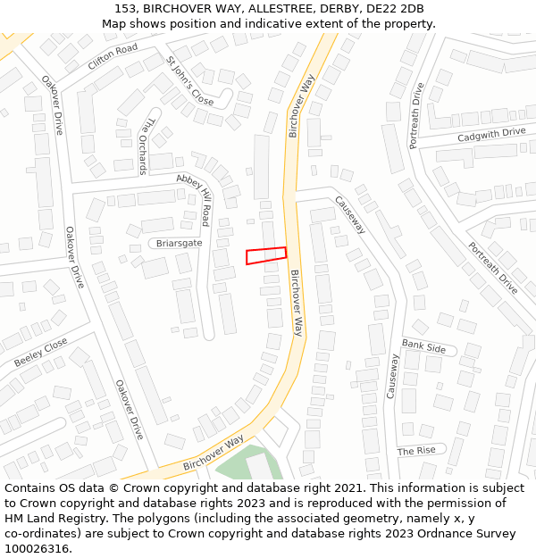 153, BIRCHOVER WAY, ALLESTREE, DERBY, DE22 2DB: Location map and indicative extent of plot
