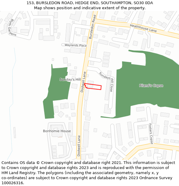 153, BURSLEDON ROAD, HEDGE END, SOUTHAMPTON, SO30 0DA: Location map and indicative extent of plot