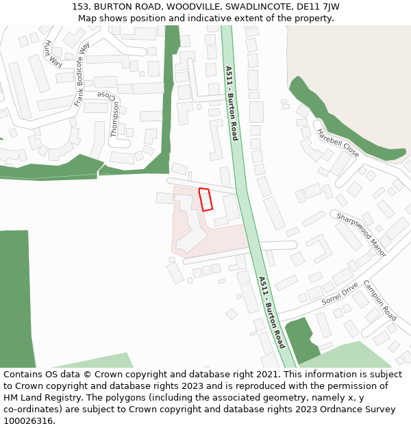 153, BURTON ROAD, WOODVILLE, SWADLINCOTE, DE11 7JW: Location map and indicative extent of plot