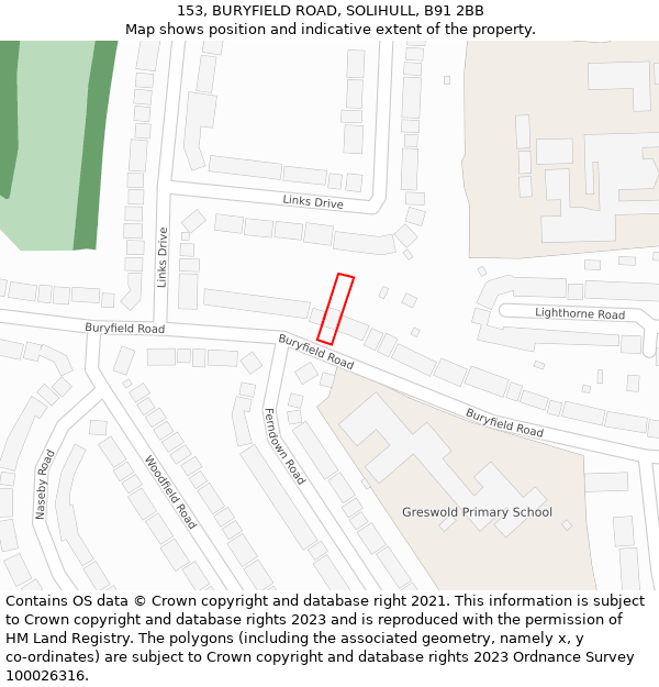 153, BURYFIELD ROAD, SOLIHULL, B91 2BB: Location map and indicative extent of plot