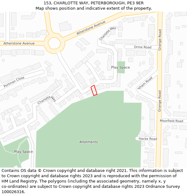 153, CHARLOTTE WAY, PETERBOROUGH, PE3 9ER: Location map and indicative extent of plot