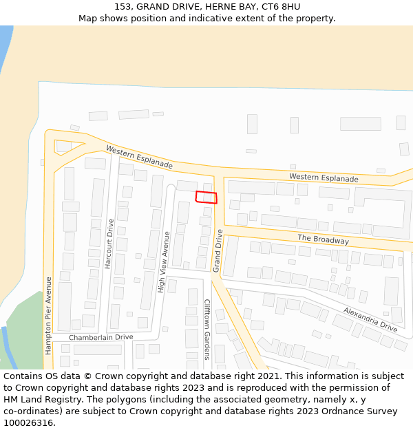 153, GRAND DRIVE, HERNE BAY, CT6 8HU: Location map and indicative extent of plot