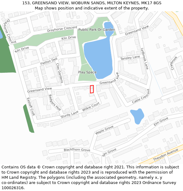 153, GREENSAND VIEW, WOBURN SANDS, MILTON KEYNES, MK17 8GS: Location map and indicative extent of plot