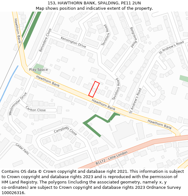 153, HAWTHORN BANK, SPALDING, PE11 2UN: Location map and indicative extent of plot