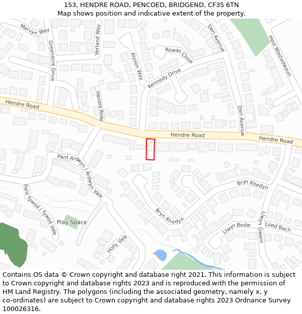 153, HENDRE ROAD, PENCOED, BRIDGEND, CF35 6TN: Location map and indicative extent of plot