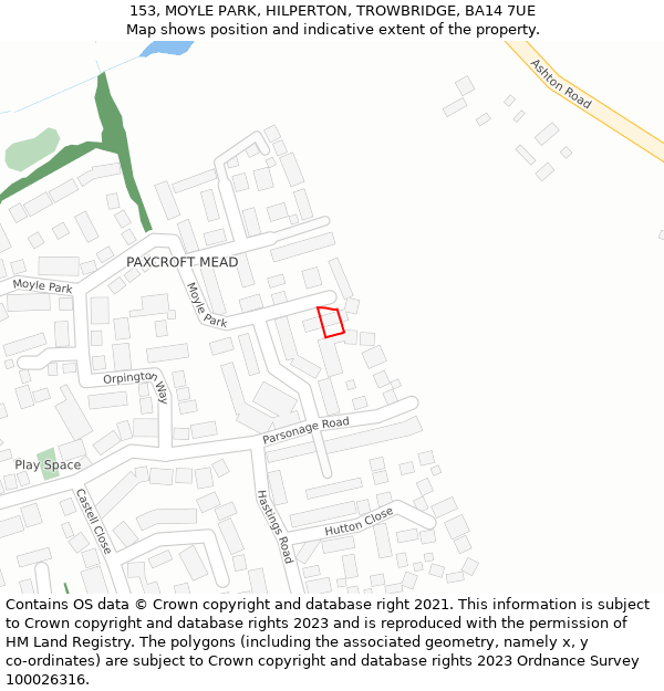 153, MOYLE PARK, HILPERTON, TROWBRIDGE, BA14 7UE: Location map and indicative extent of plot