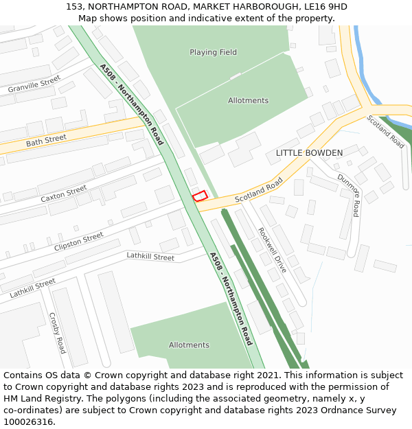 153, NORTHAMPTON ROAD, MARKET HARBOROUGH, LE16 9HD: Location map and indicative extent of plot