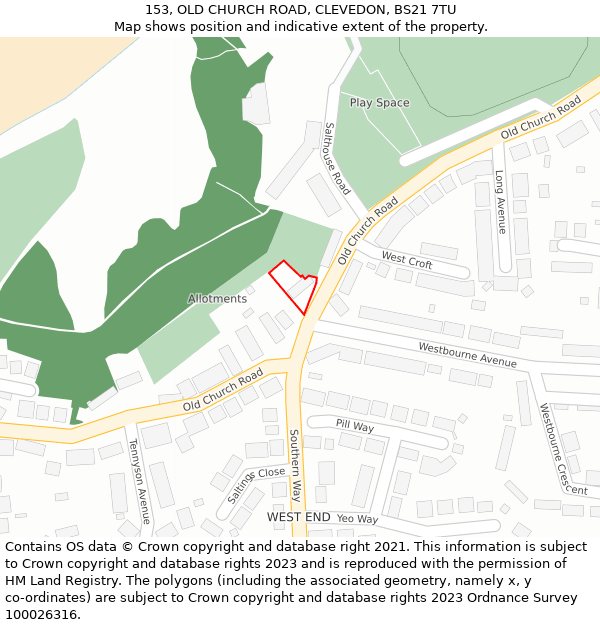 153, OLD CHURCH ROAD, CLEVEDON, BS21 7TU: Location map and indicative extent of plot