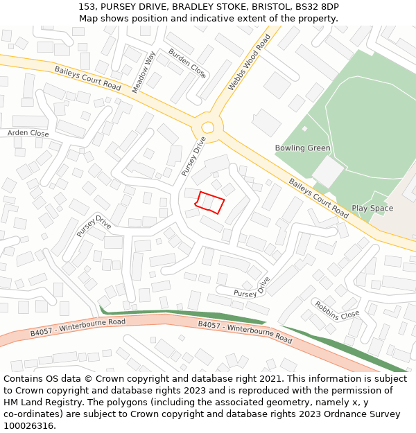 153, PURSEY DRIVE, BRADLEY STOKE, BRISTOL, BS32 8DP: Location map and indicative extent of plot