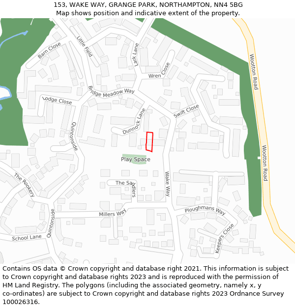 153, WAKE WAY, GRANGE PARK, NORTHAMPTON, NN4 5BG: Location map and indicative extent of plot