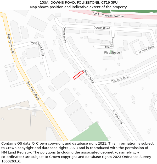 153A, DOWNS ROAD, FOLKESTONE, CT19 5PU: Location map and indicative extent of plot