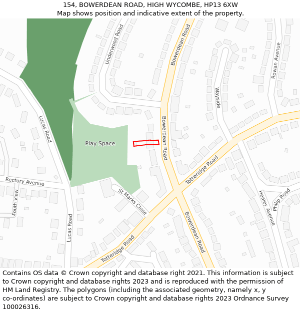 154, BOWERDEAN ROAD, HIGH WYCOMBE, HP13 6XW: Location map and indicative extent of plot