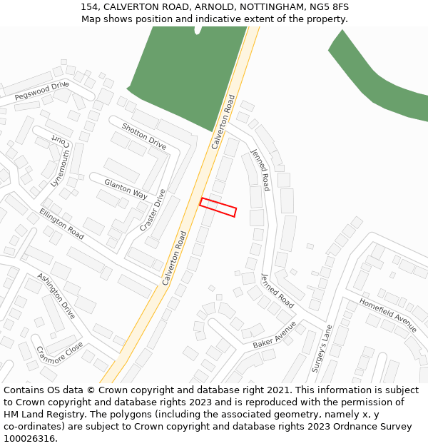 154, CALVERTON ROAD, ARNOLD, NOTTINGHAM, NG5 8FS: Location map and indicative extent of plot