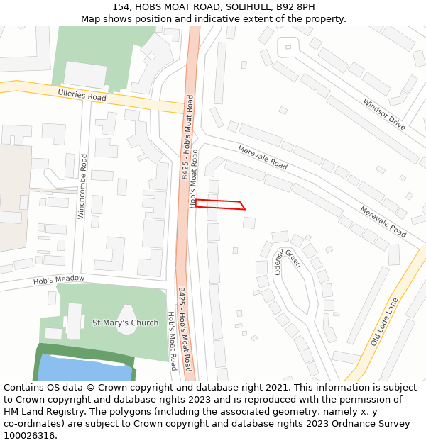 154, HOBS MOAT ROAD, SOLIHULL, B92 8PH: Location map and indicative extent of plot