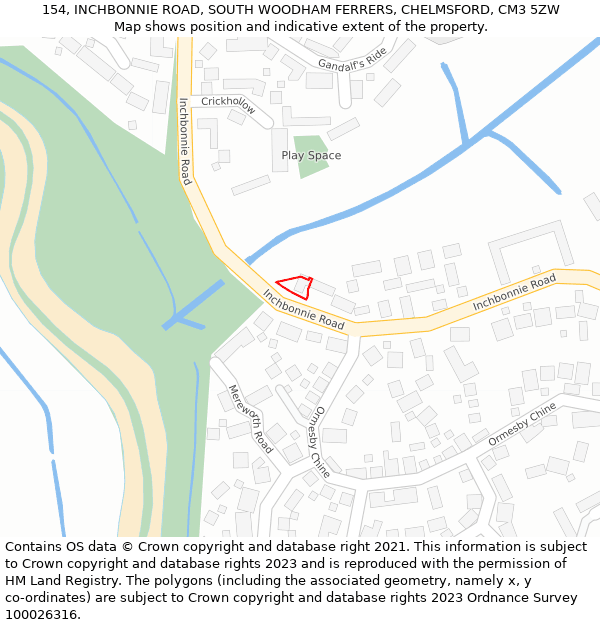 154, INCHBONNIE ROAD, SOUTH WOODHAM FERRERS, CHELMSFORD, CM3 5ZW: Location map and indicative extent of plot