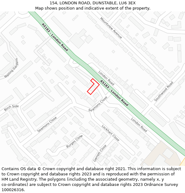 154, LONDON ROAD, DUNSTABLE, LU6 3EX: Location map and indicative extent of plot