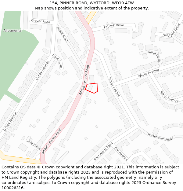 154, PINNER ROAD, WATFORD, WD19 4EW: Location map and indicative extent of plot