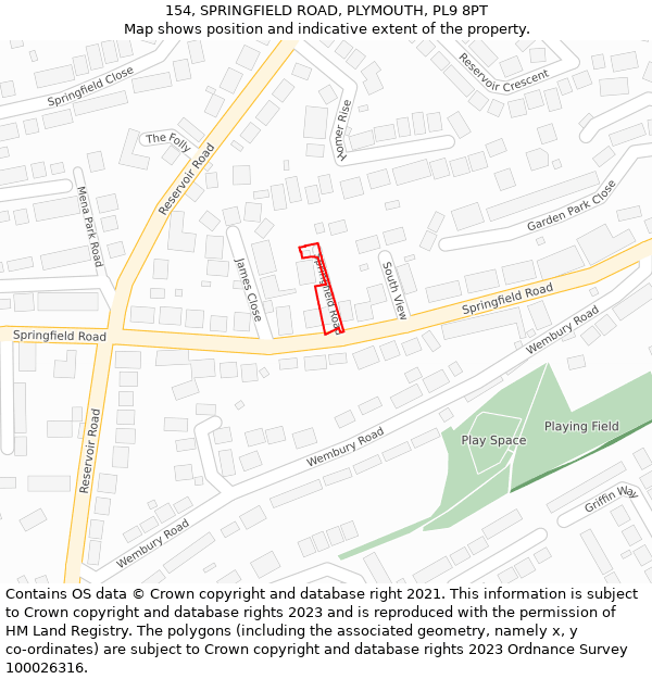 154, SPRINGFIELD ROAD, PLYMOUTH, PL9 8PT: Location map and indicative extent of plot