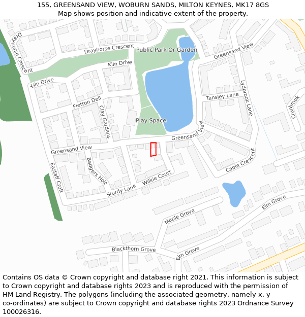 155, GREENSAND VIEW, WOBURN SANDS, MILTON KEYNES, MK17 8GS: Location map and indicative extent of plot