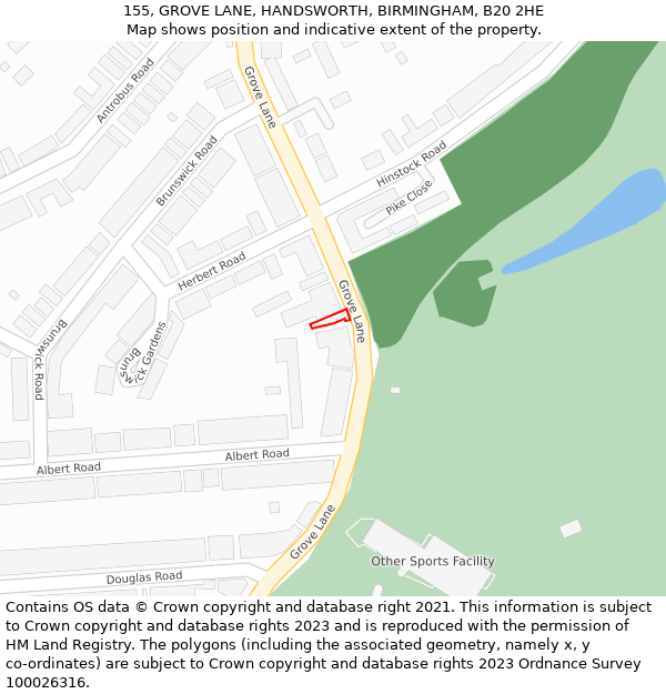 155, GROVE LANE, HANDSWORTH, BIRMINGHAM, B20 2HE: Location map and indicative extent of plot