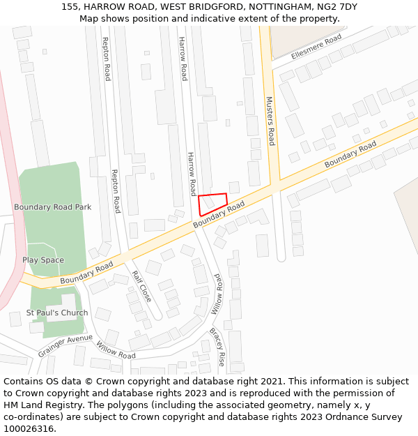 155, HARROW ROAD, WEST BRIDGFORD, NOTTINGHAM, NG2 7DY: Location map and indicative extent of plot