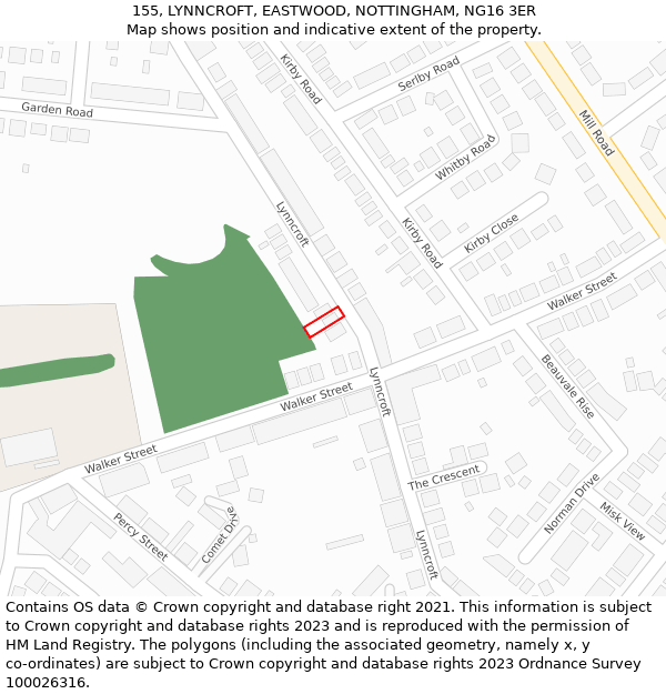 155, LYNNCROFT, EASTWOOD, NOTTINGHAM, NG16 3ER: Location map and indicative extent of plot