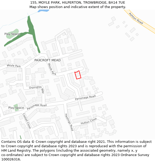 155, MOYLE PARK, HILPERTON, TROWBRIDGE, BA14 7UE: Location map and indicative extent of plot