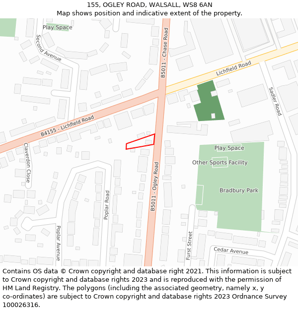 155, OGLEY ROAD, WALSALL, WS8 6AN: Location map and indicative extent of plot