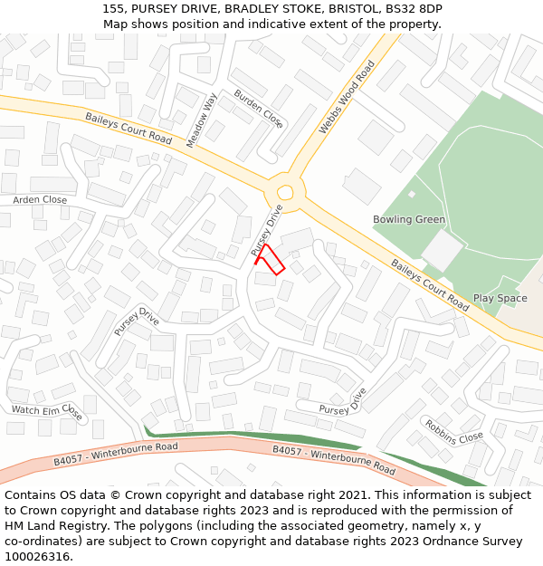 155, PURSEY DRIVE, BRADLEY STOKE, BRISTOL, BS32 8DP: Location map and indicative extent of plot