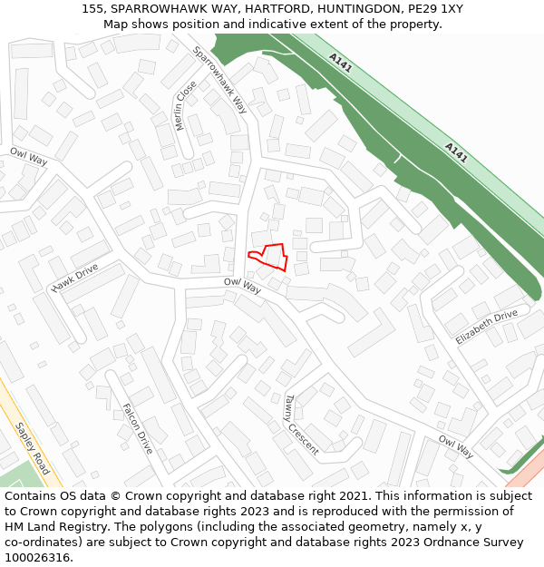 155, SPARROWHAWK WAY, HARTFORD, HUNTINGDON, PE29 1XY: Location map and indicative extent of plot