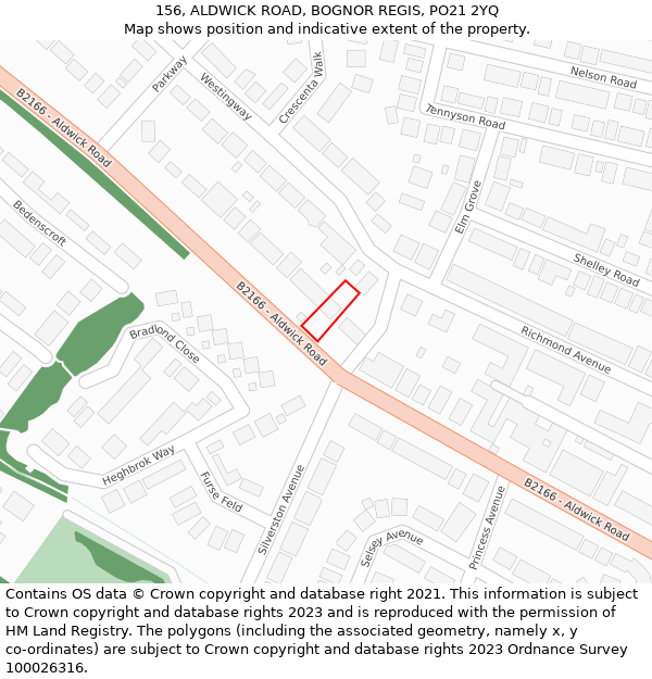 156, ALDWICK ROAD, BOGNOR REGIS, PO21 2YQ: Location map and indicative extent of plot