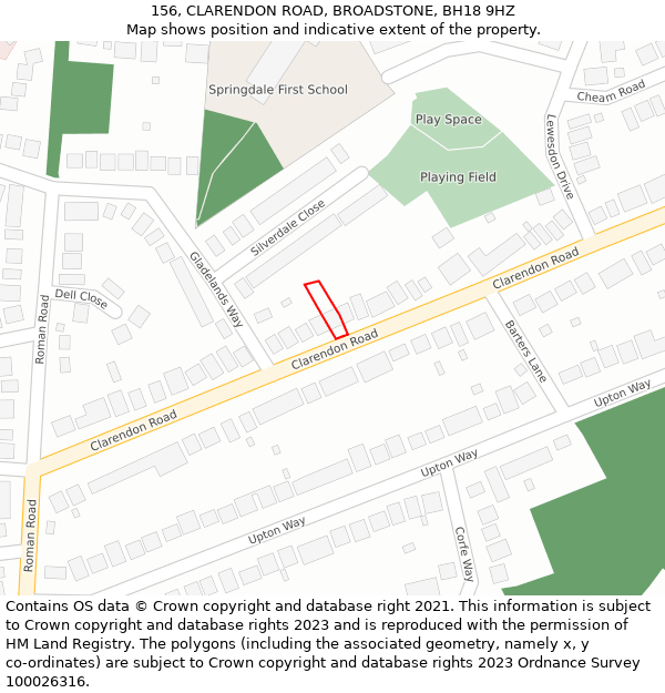 156, CLARENDON ROAD, BROADSTONE, BH18 9HZ: Location map and indicative extent of plot