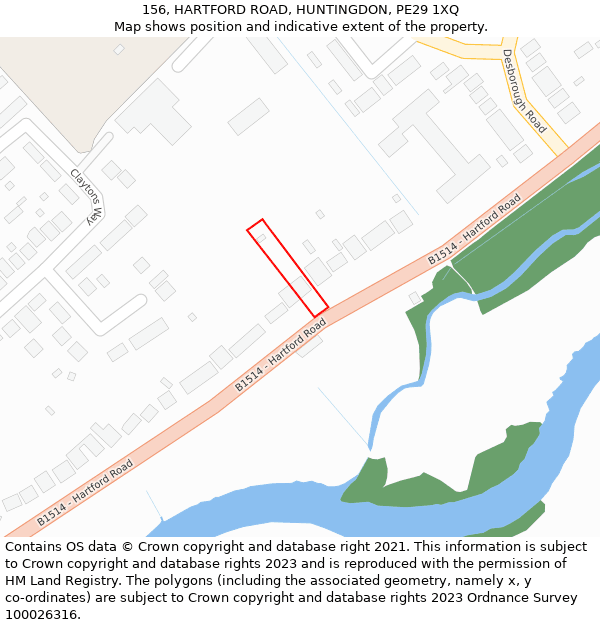 156, HARTFORD ROAD, HUNTINGDON, PE29 1XQ: Location map and indicative extent of plot