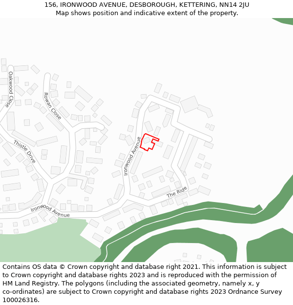 156, IRONWOOD AVENUE, DESBOROUGH, KETTERING, NN14 2JU: Location map and indicative extent of plot