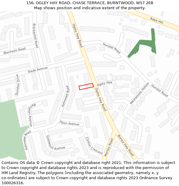 156, OGLEY HAY ROAD, CHASE TERRACE, BURNTWOOD, WS7 2EB: Location map and indicative extent of plot