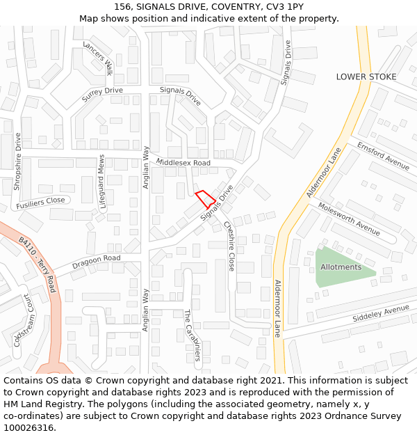 156, SIGNALS DRIVE, COVENTRY, CV3 1PY: Location map and indicative extent of plot