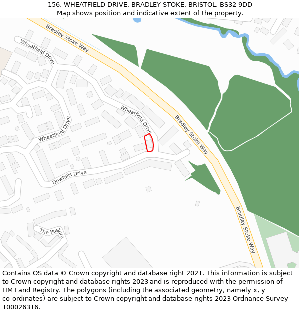 156, WHEATFIELD DRIVE, BRADLEY STOKE, BRISTOL, BS32 9DD: Location map and indicative extent of plot