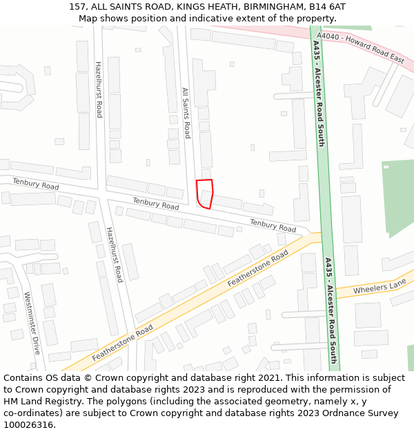 157, ALL SAINTS ROAD, KINGS HEATH, BIRMINGHAM, B14 6AT: Location map and indicative extent of plot