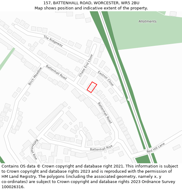 157, BATTENHALL ROAD, WORCESTER, WR5 2BU: Location map and indicative extent of plot